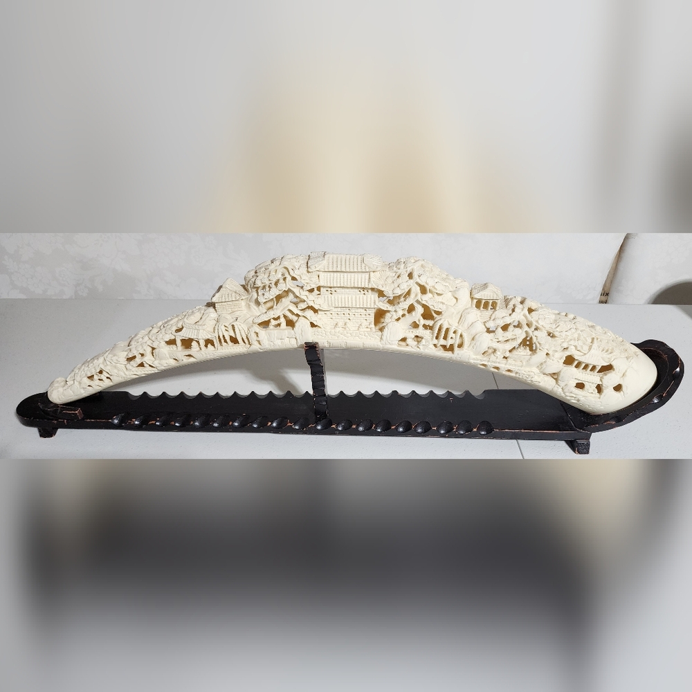 Vintage 31" Chinese Faux Ivory Carved Tusk Landscape Pagodas Mid-Century - Picture 5 of 16